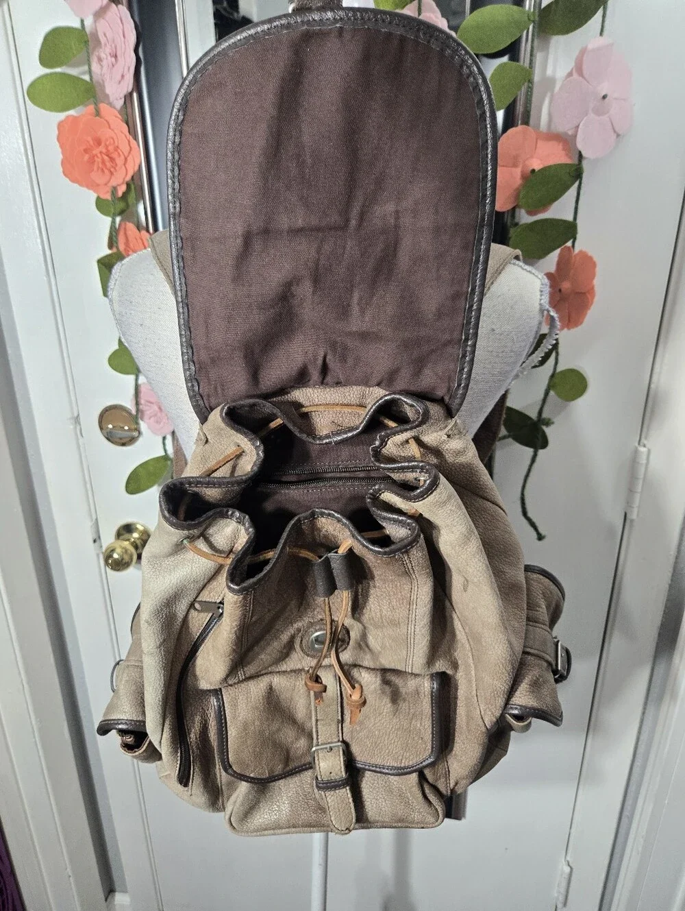 Vintage Light Brown Leather Cowhide Knapsack Backpack For Men